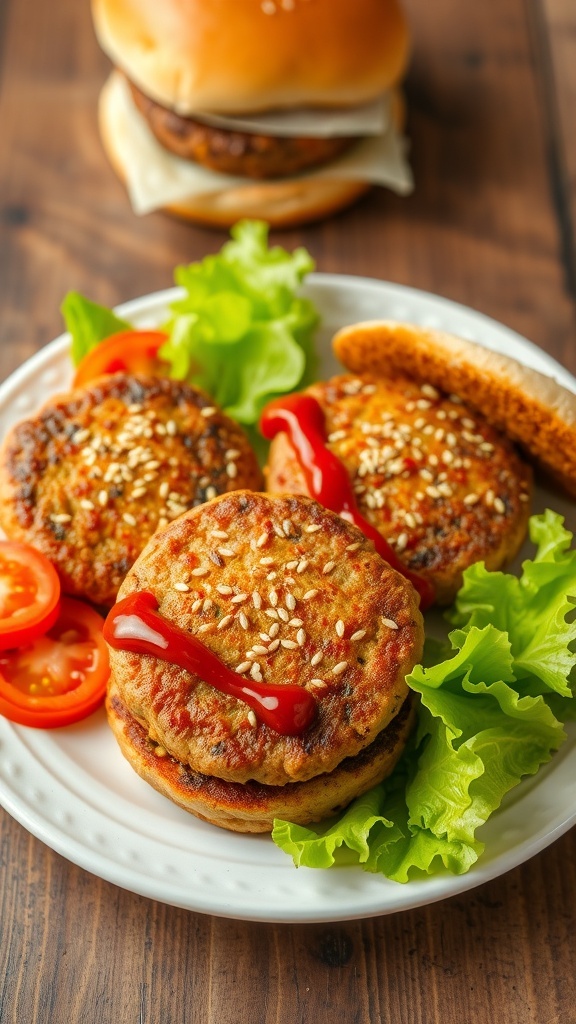 Oven-Baked Hamburger Patties Recipe Oven-baked hamburger patties on a plate with lettuce, tomatoes, and buns.